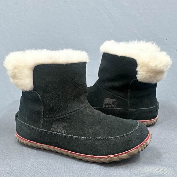 Sorel Out N About Bootie 7 Black Sherpa Faux Fur Outdoorsy Leather Suede Winter - Picture 1 of 14